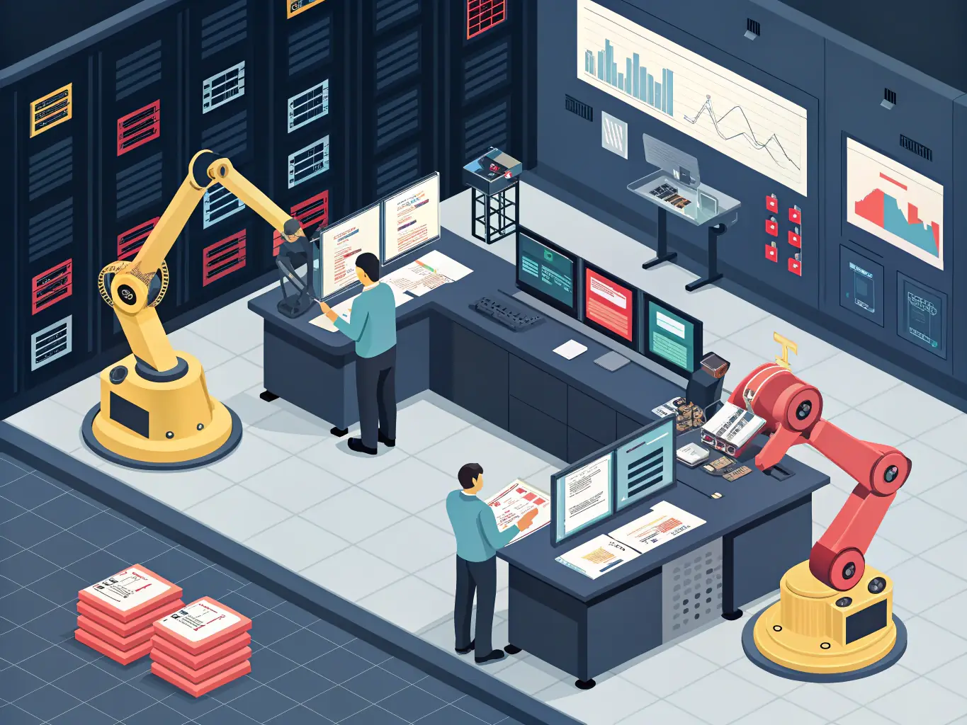 An image depicting automated robotic arms performing tasks in a financial setting, symbolizing the efficiency and accuracy of X-Intelligence's process automation solutions.