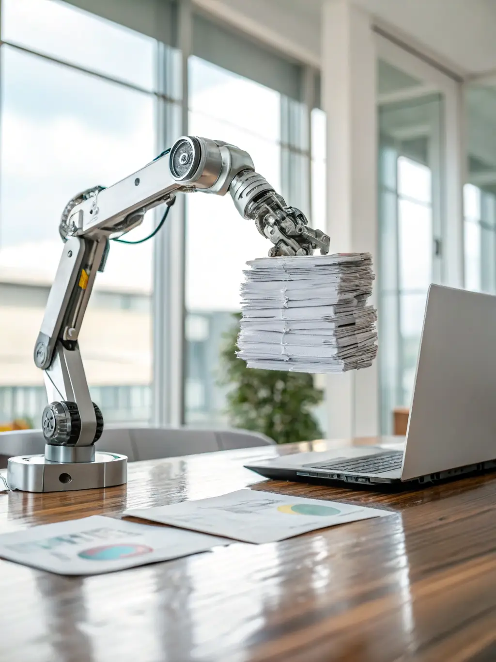 Robotic arms performing tasks in a financial setting, illustrating process automation and efficiency.