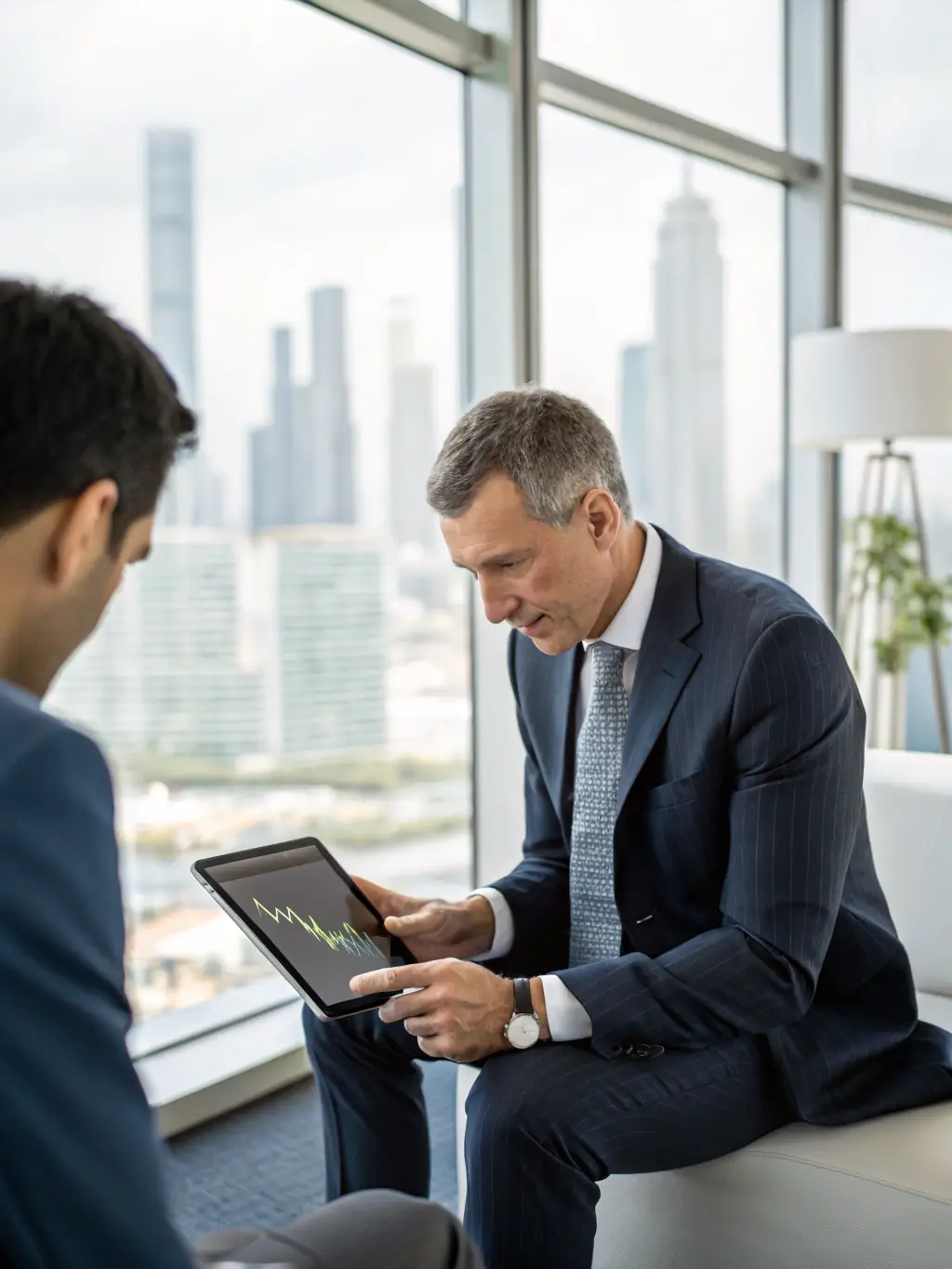 A consultant advising a financial executive, showcasing ERP/CRM consulting and strategic alignment.