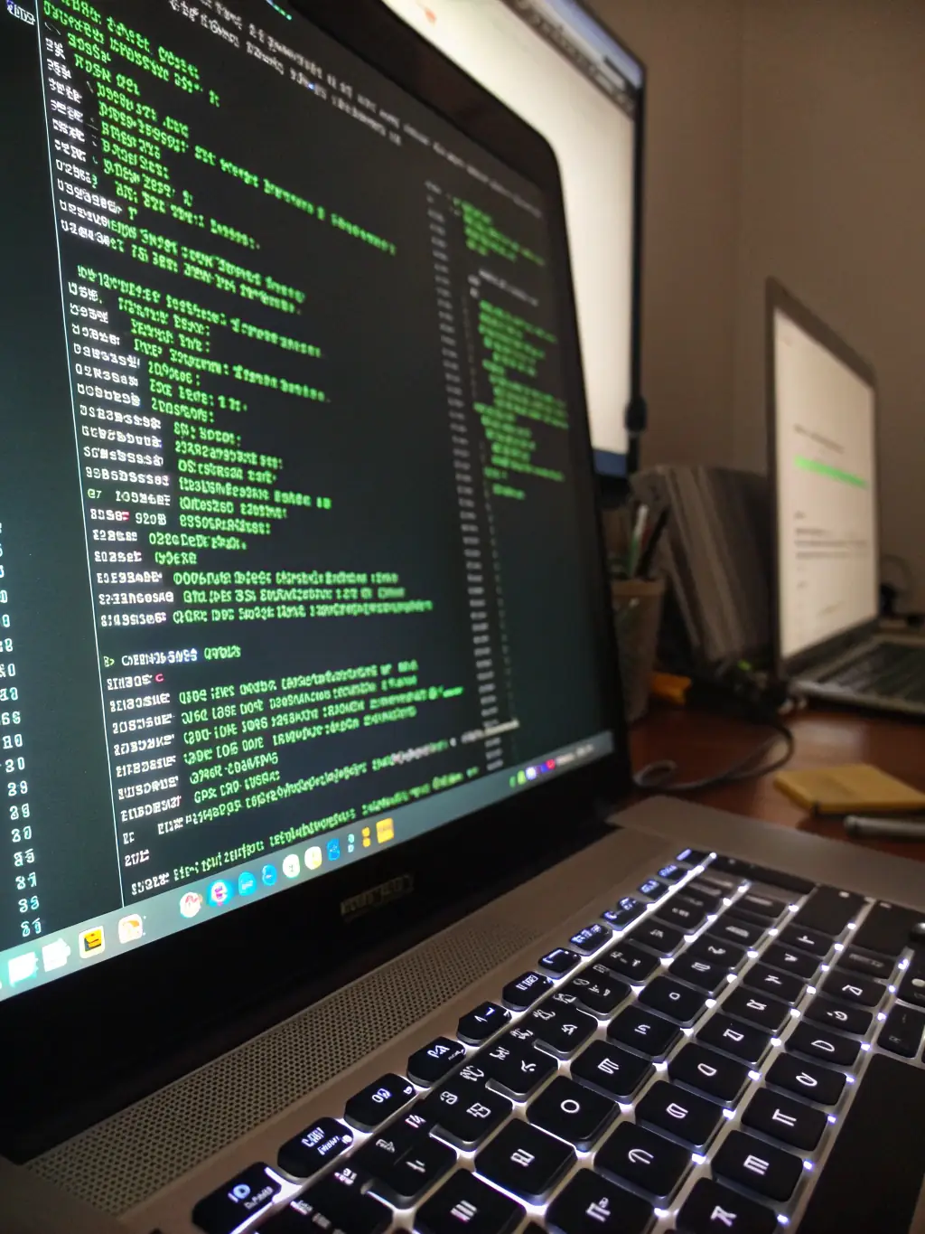 A close-up shot of complex code scrolling on a monitor, symbolizing algorithmic precision in trading solutions.