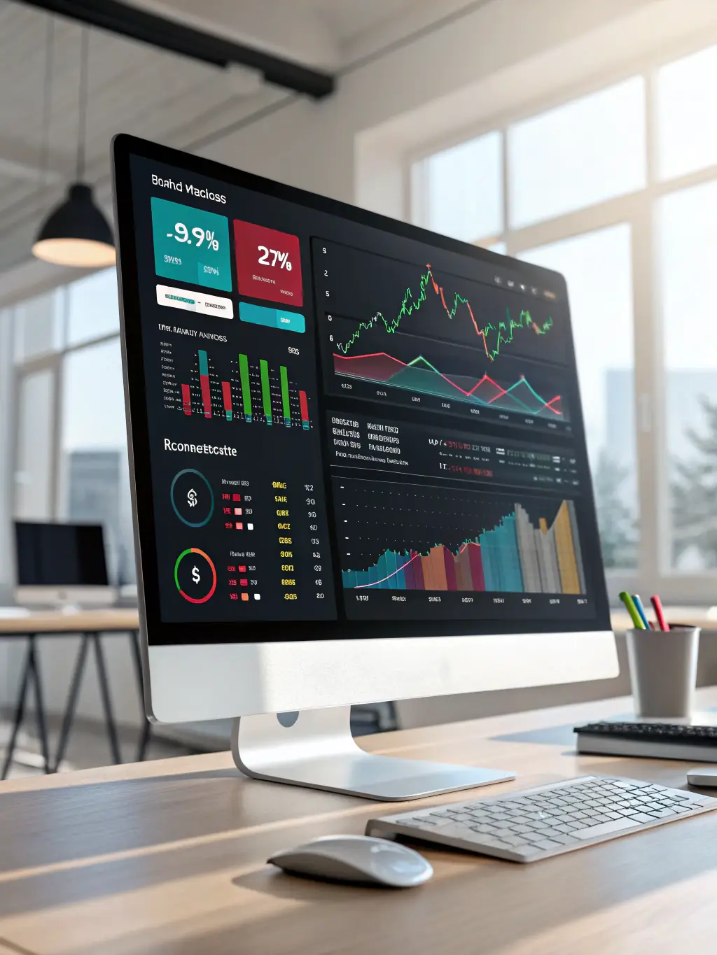 A dynamic dashboard displaying real-time financial data and analytics, representing business intelligence capabilities.
